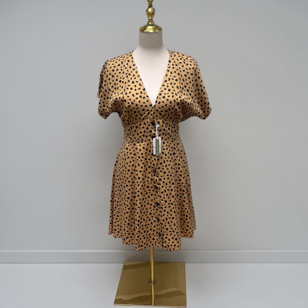 Marine Layer Camila Dress M Tan Spotted V-Neck Button Front Mini Boho NWT